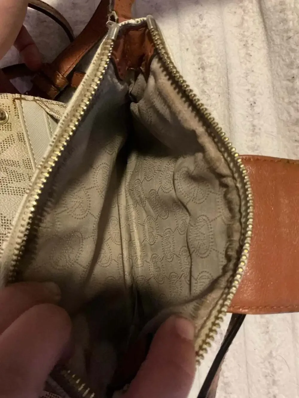Michael Kors Signature Logo Monogram Crossbody Bag with Tan Leather Detail